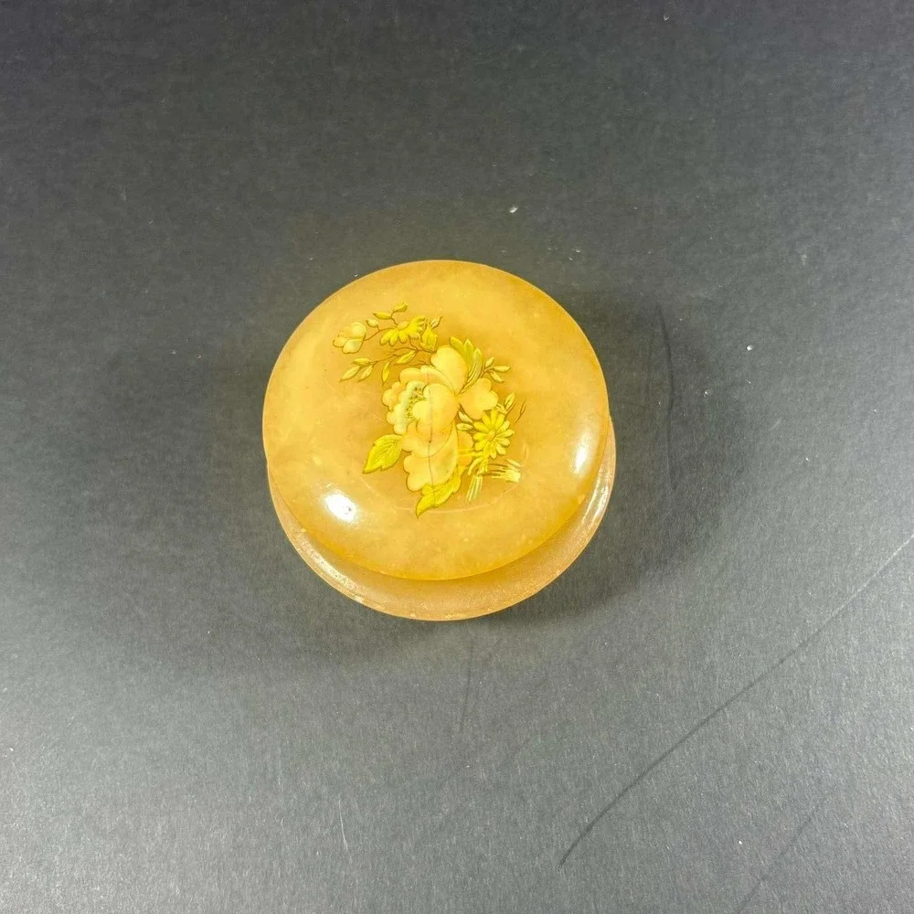 Genuine Alabaster Trinket Box Orange Hand Painted Floral Italy Vintage